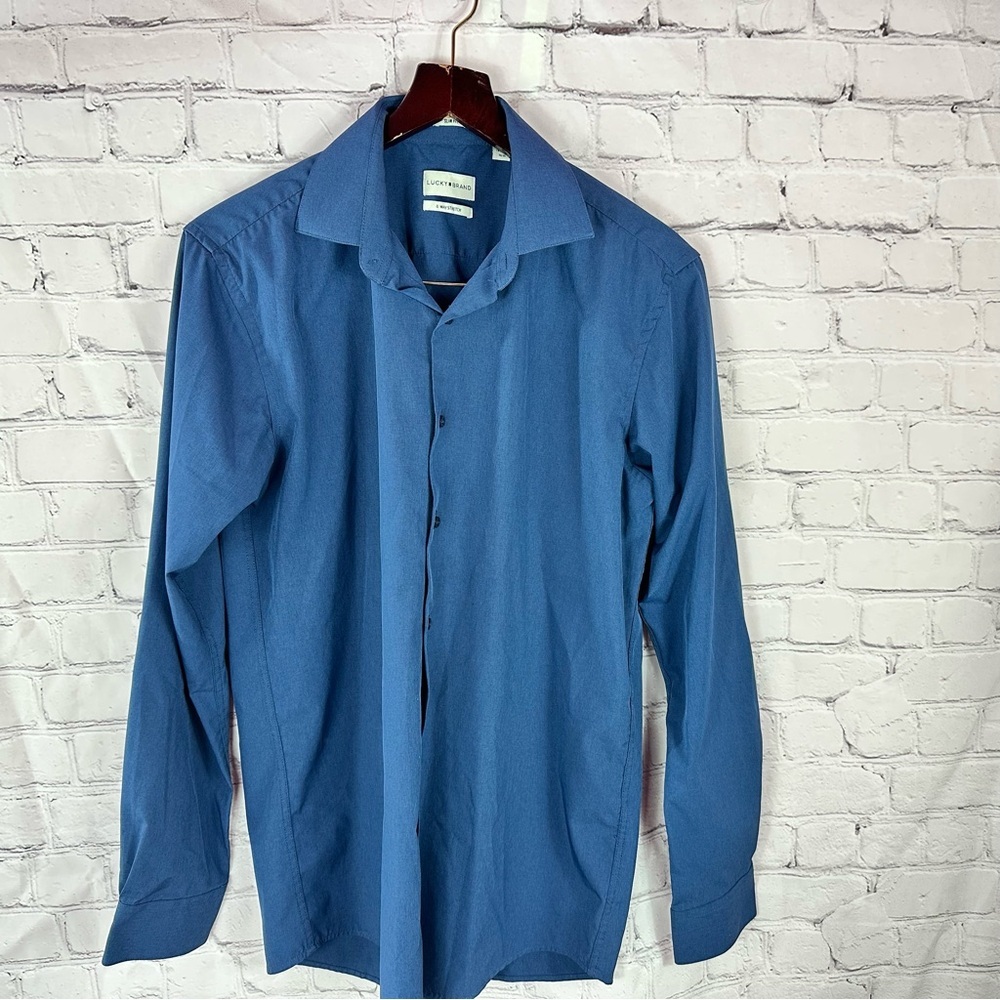Lucky Brand Classic steel Blue slim fit Dress Shirt mens M 4 way stretch office